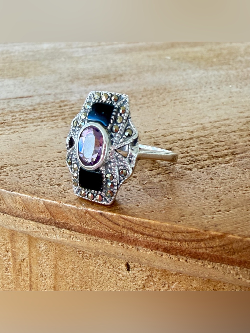 Vintage Silver, Amethyst, Marcasite, & Onyx Ring